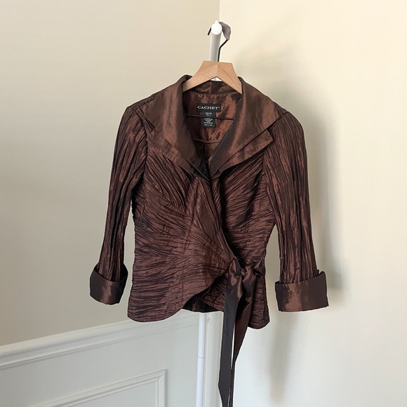 Cachet Tops - CACHET Vintage Copper Brown Satin Crop Crossover Wrap Jacket Top Lined Women’s 8